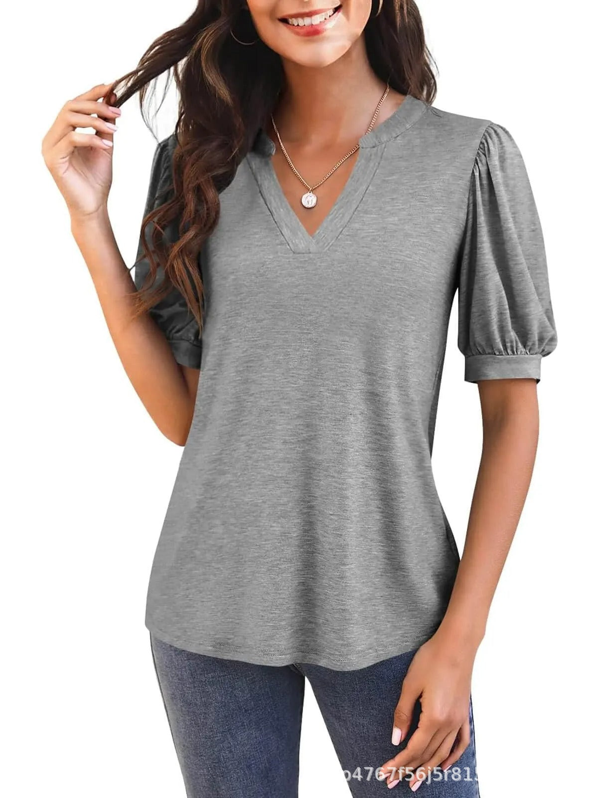 Damen T-Shirt mit V-Ausschnitt und Puffärmeln Fudus