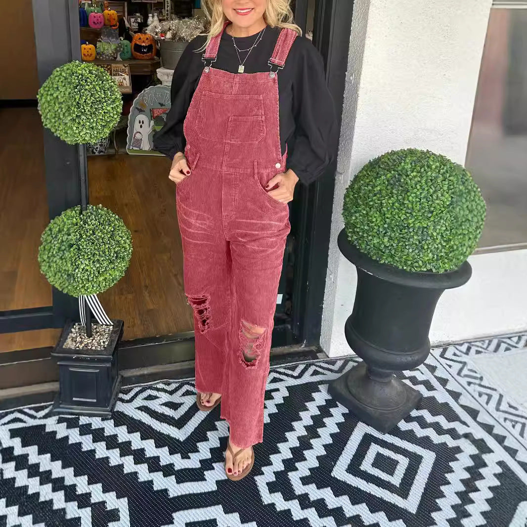 Damen Latzhose mit weiten Beinen und Destroyed-Details Fudus