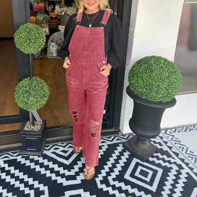 Damen Latzhose mit weiten Beinen und Destroyed-Details Fudus