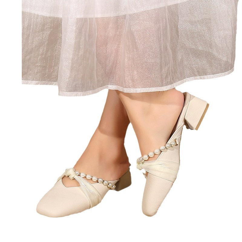 Damen elegante Mules mit Perlenapplikationen und modischem Schleifen-Design Fudus