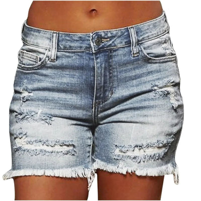 Damen Destroyed Jeans-Shorts mit fransigem Saum und hohem Bund Fudus