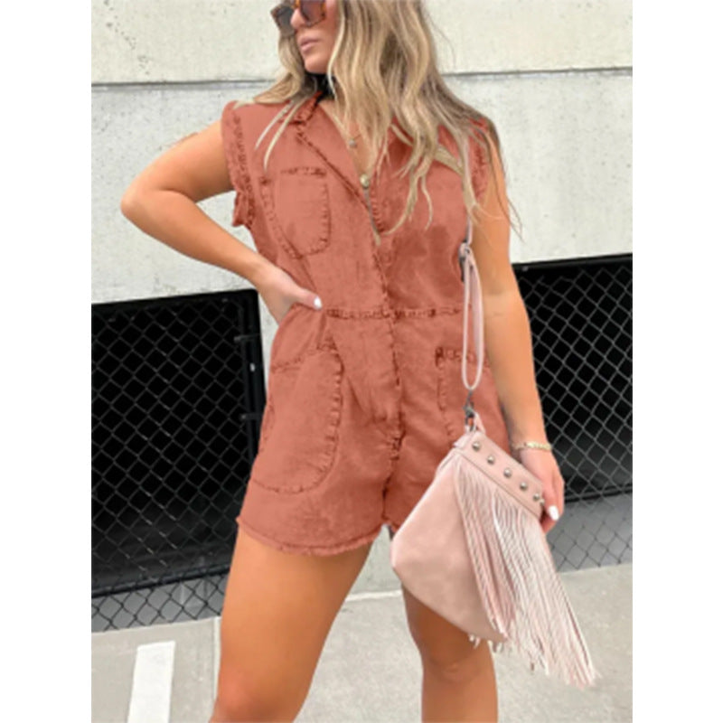 Damen trendiger Jeans-Overall mit Taschen und Kurzarm Fudus