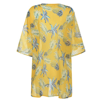 Damen Strandkimono mit stylischem Ananasdruck und offenen Ärmeln Fudus