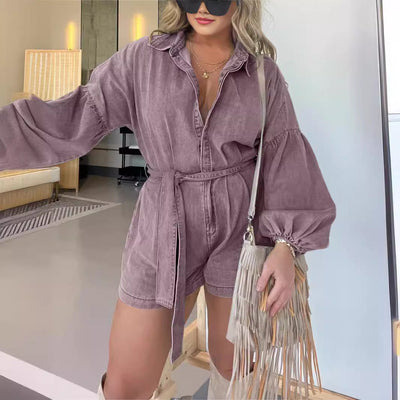 Damen Denim-Overall mit weitem Schnitt und eleganten Puffärmeln Fudus