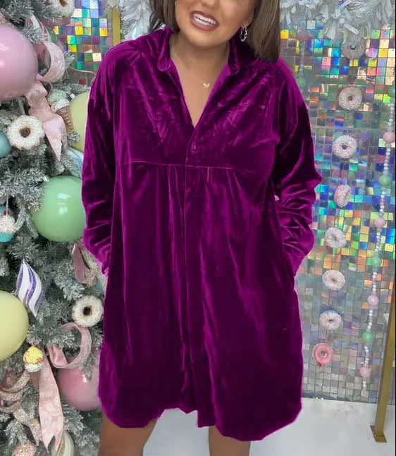 Damen Luxuriöses Velourshemdkleid mit Knopf und verspieltem Schnitt Fudus