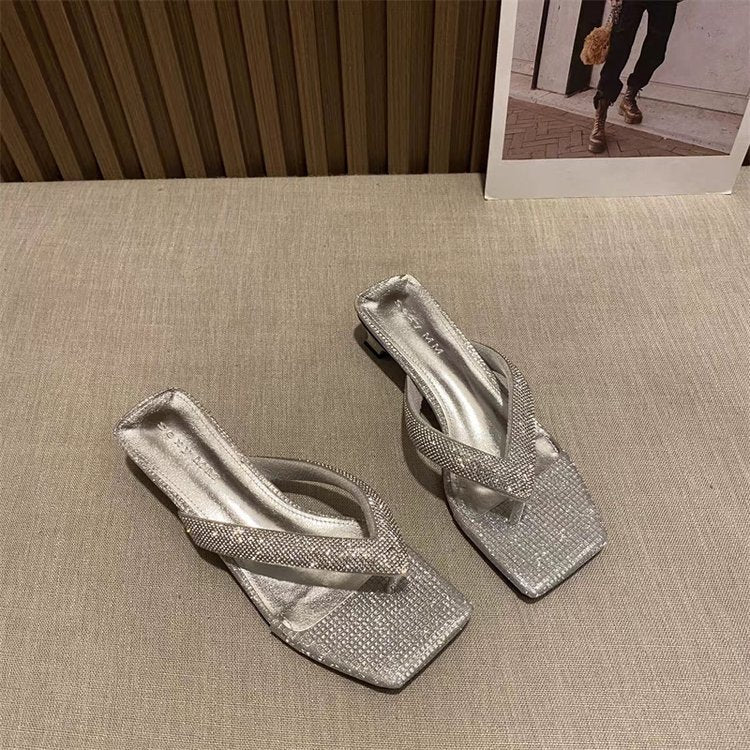 Damen Glamouröse Zehensteg-Pumps mit glitzerndem Riemendesign und komfortablem Blockabsatz Fudus