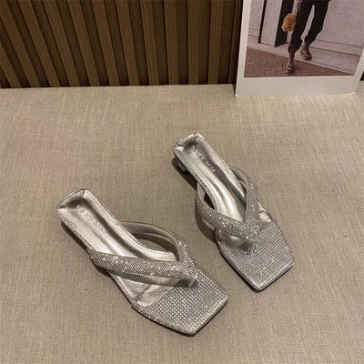 Damen Glamouröse Zehensteg-Pumps mit glitzerndem Riemendesign und komfortablem Blockabsatz Fudus