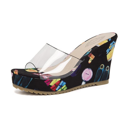 Damen Wedge-Pantoletten mit floralem Muster und transparentem Riemen Fudus