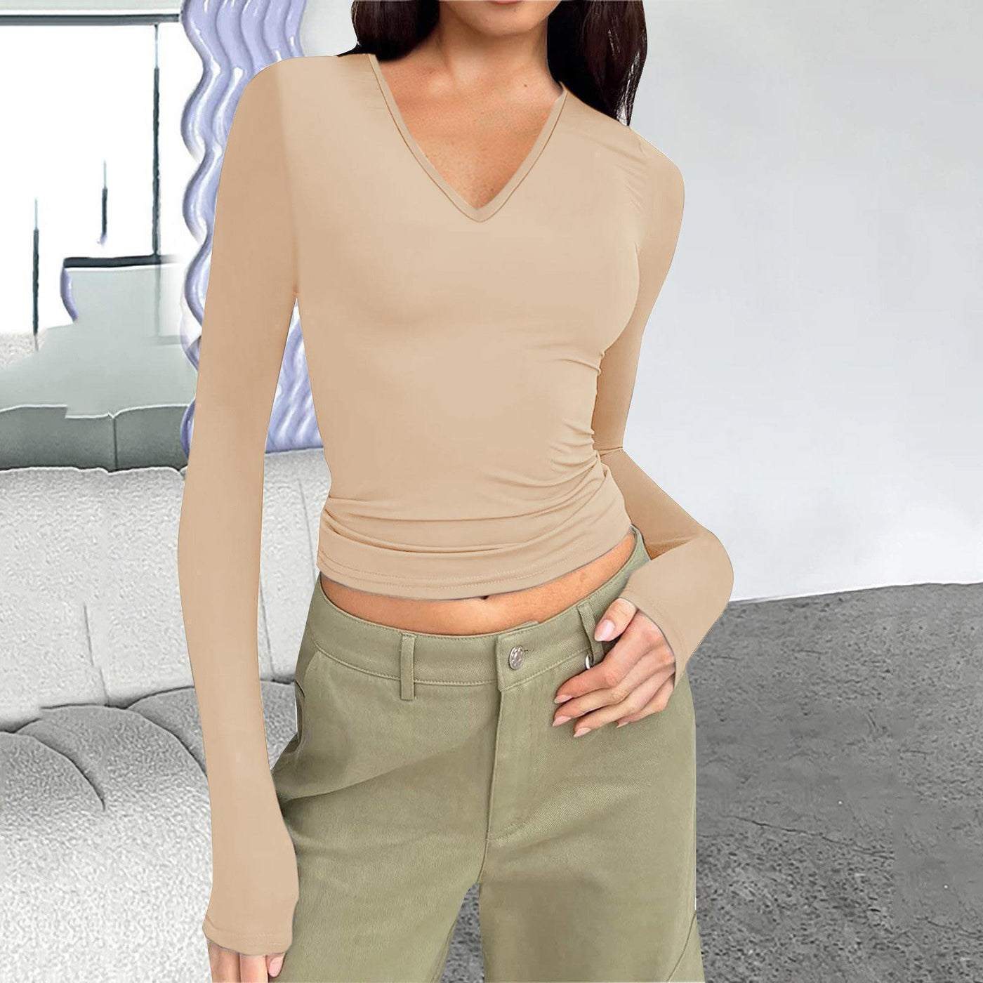 Damen Langarmshirt mit V-Ausschnitt von Fudus