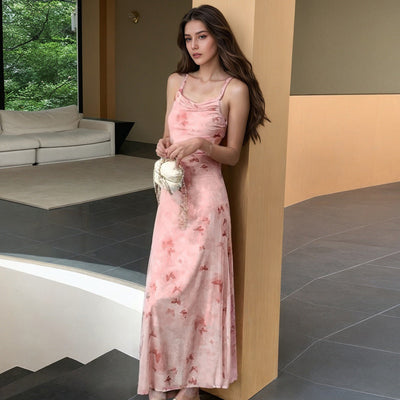 Damen Maxikleid mit zartem Watercolor-Design und elegantem Wasserfall-Ausschnitt Fudus