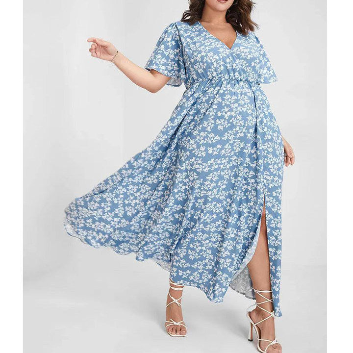 Damen Maxikleid mit floralem Muster und seitlichem Schlitz Fudus