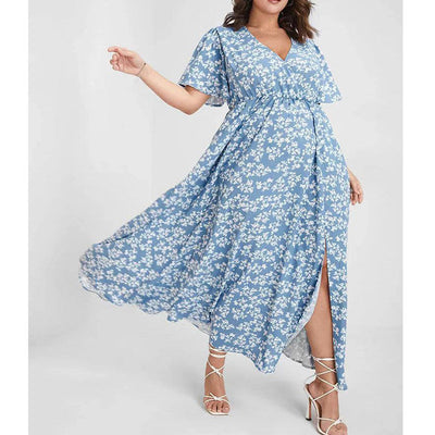 Damen Maxikleid mit floralem Muster und seitlichem Schlitz Fudus