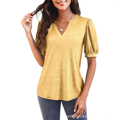 Damen T-Shirt mit V-Ausschnitt und Puffärmeln Fudus