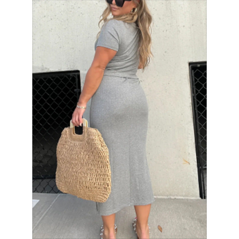 Damen lässiges Maxi-Kleid mit knotendem Detail und kurzärmeligen Schnitt Fudus