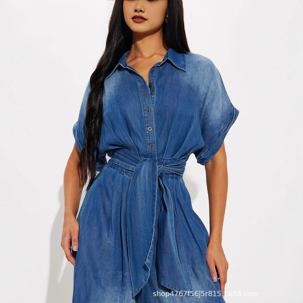 Damen lässiger Denim-Overall mit weitem Bein und praktischen Taschen Fudus