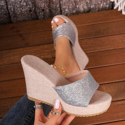 Damen modische Wedge-Pantoletten mit glitzerndem Obermaterial und rutschfester Sohle Fudus