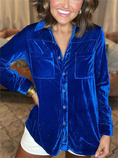 Damen Samt-Bluse im lässigen Schnitt mit Brusttaschen Fudus