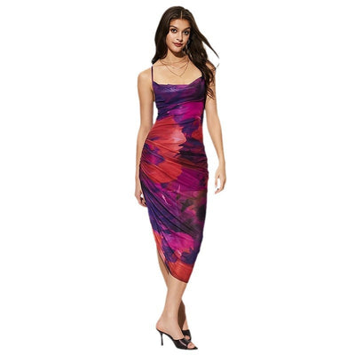 Damen figurbetontes Kleid mit Raffungen und Spaghettiträgern Fudus