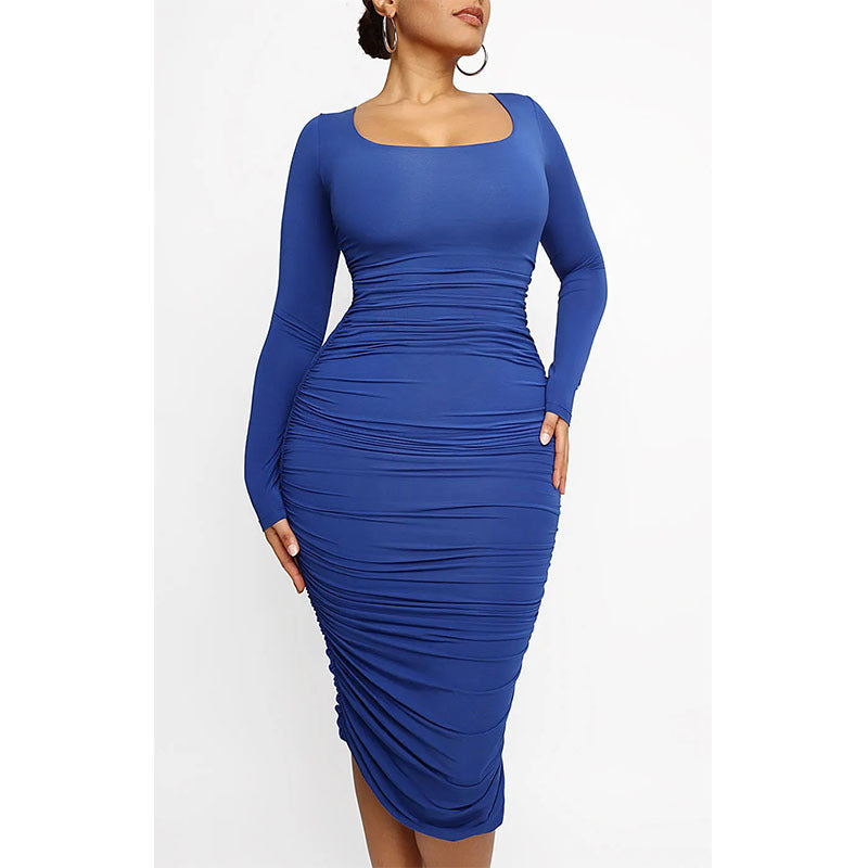 Damen figurbetontes Langarmkleid mit lässiger Raffung Fudus