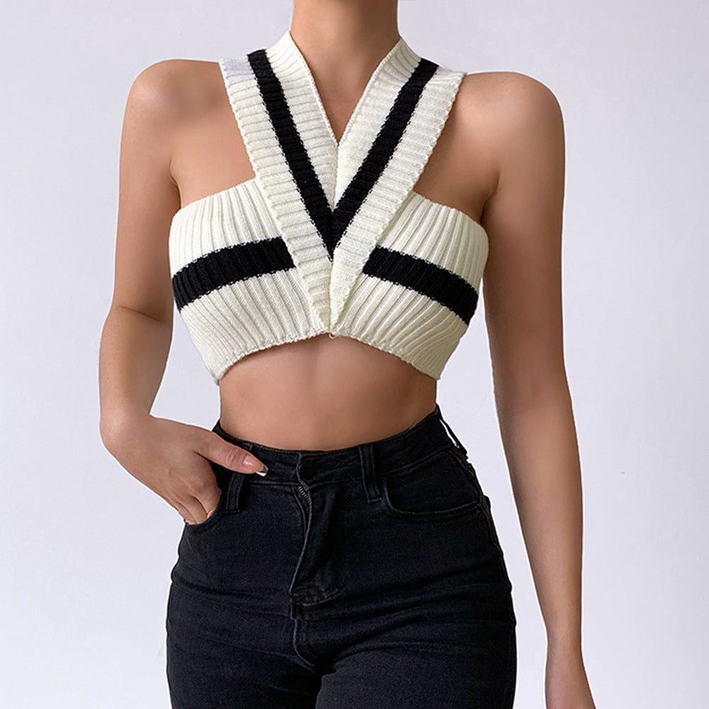 Damen Cropped Top mit V-Ausschnitt und Strukturmuster Fudus