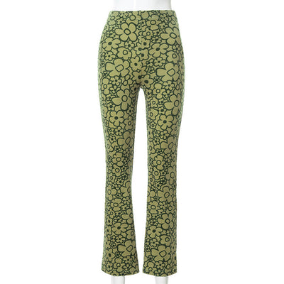 Damen Flared Jeans mit floralem Muster und hohem Bund Fudus