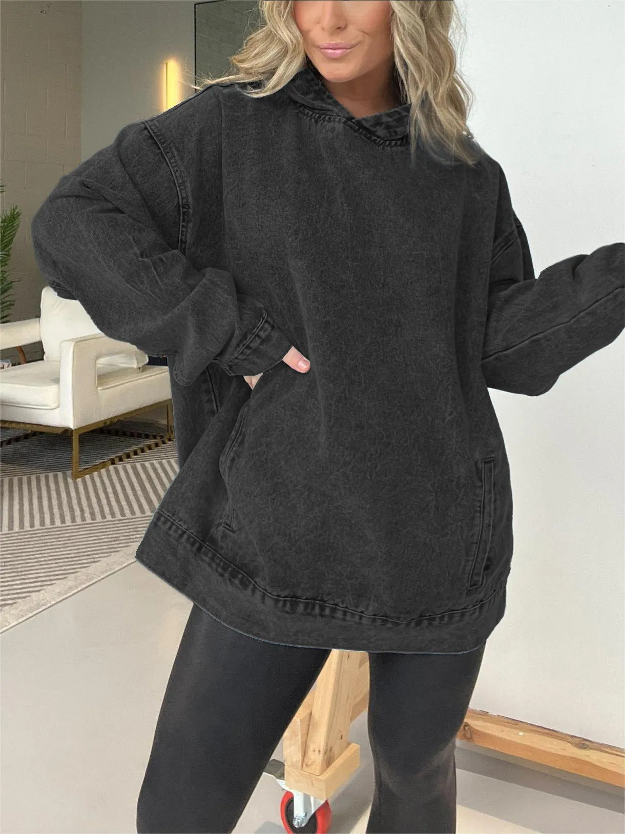 Damen Oversized Hoodie aus Denim mit praktischem Kängurutasche Fudus
