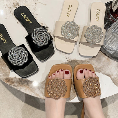 Damen Flache Sandalen mit eleganter Blütenapplikation und rutschfester Sohle Fudus