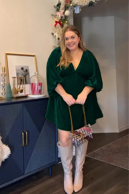 Damen kurzes Plisseekleid mit V-Ausschnitt und voluminösen Ärmeln Fudus