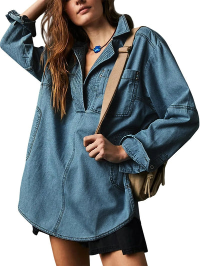 Damen lässige Overshirt aus hochwertigem Denim mit strukturiertem Design Fudus