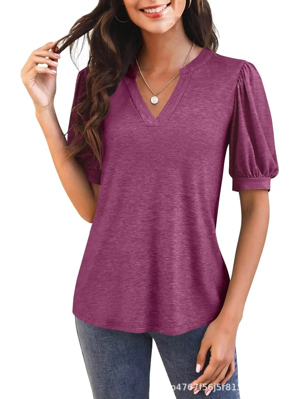 Damen T-Shirt mit V-Ausschnitt und Puffärmeln Fudus