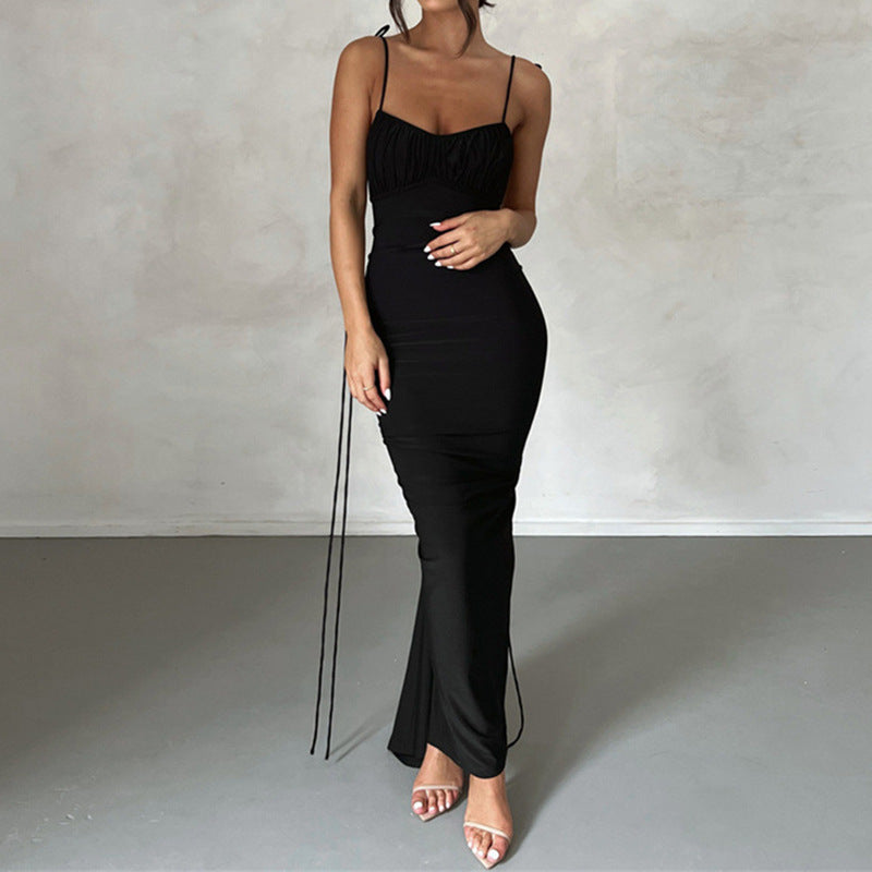 Damen figurbetontes langes Kleid mit verstellbaren Trägern und Raffung Fudus