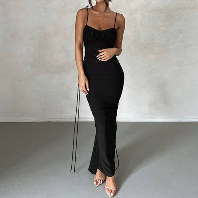 Damen figurbetontes langes Kleid mit verstellbaren Trägern und Raffung Fudus