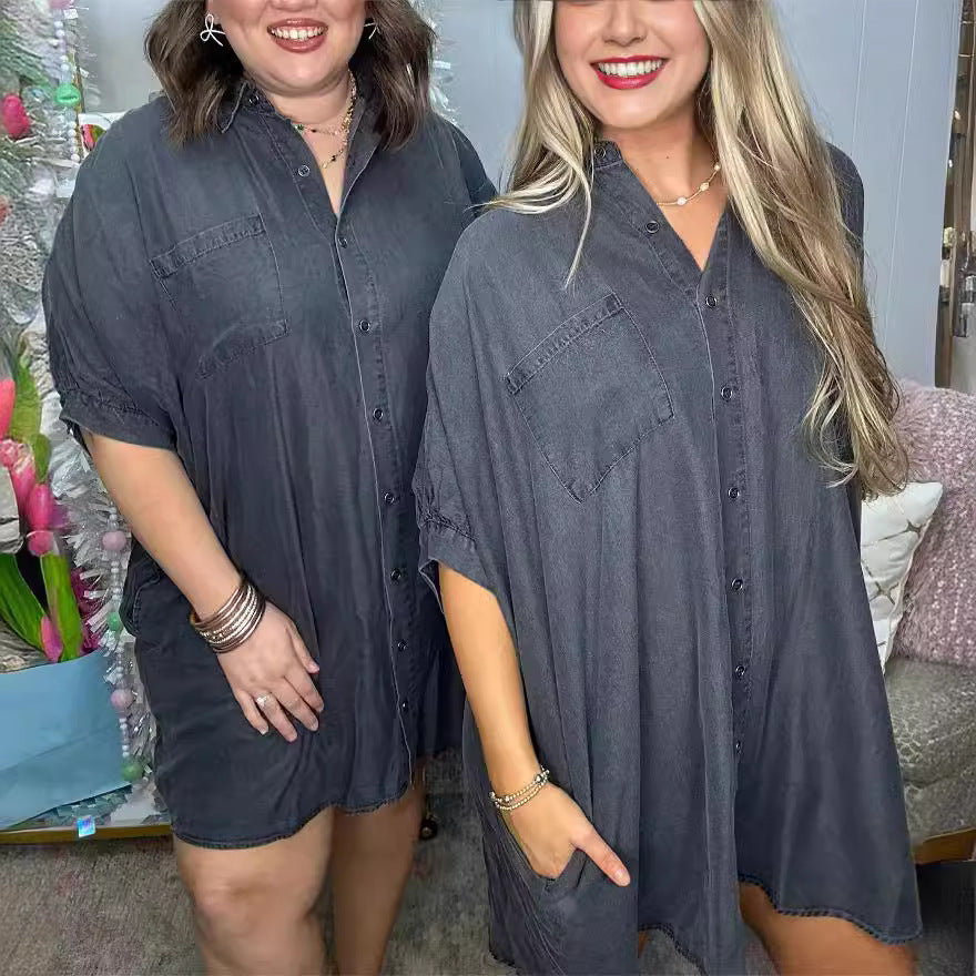 Damen Übergröße Denim-Shirtkleid mit praktischen Taschen und lässigem Schnitt Fudus