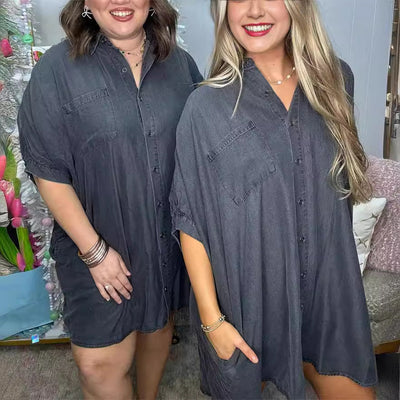 Damen Übergröße Denim-Shirtkleid mit praktischen Taschen und lässigem Schnitt Fudus
