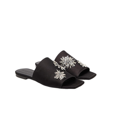 Damen Elegante Pantoletten mit schimmernden Blütenapplikationen Fudus