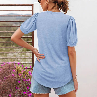 Damen lässiges V-Ausschnitt T-Shirt mit Puffärmeln und Raffungen Fudus