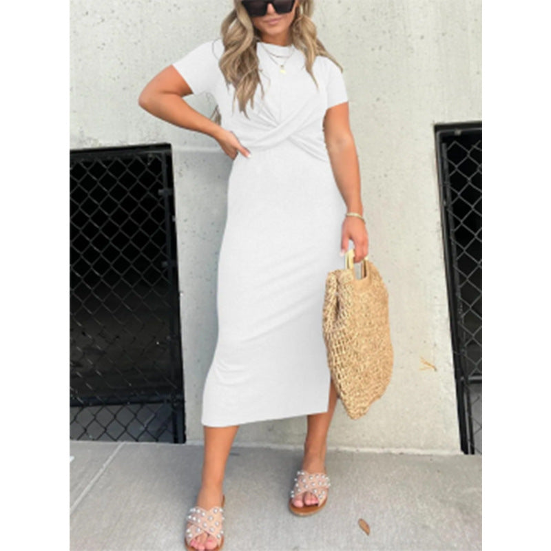 Damen lässiges Maxi-Kleid mit knotendem Detail und kurzärmeligen Schnitt Fudus