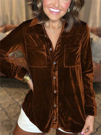 Damen Samt-Bluse im lässigen Schnitt mit Brusttaschen Fudus