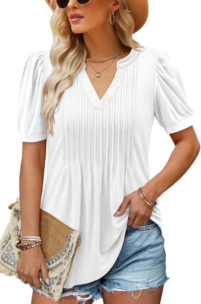 Damen lässiges V-Ausschnitt T-Shirt mit Puffärmeln und Raffungen Fudus