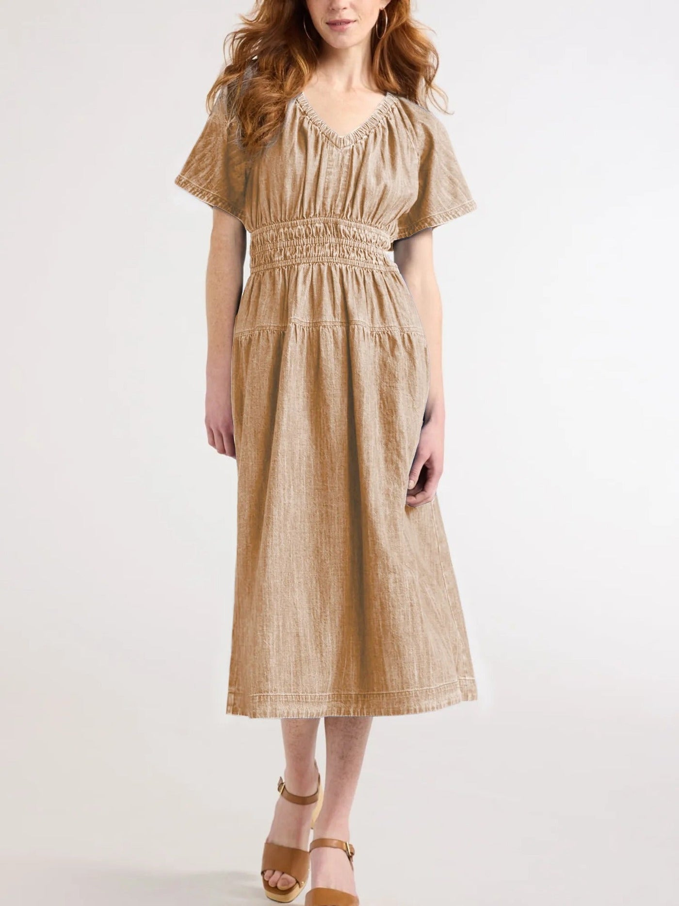 Damen lässiges Denim-Kleid mit elastischem Taillenbund Fudus