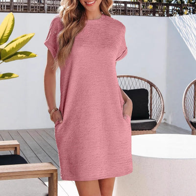 Damen lässiges Kurzarm-Kleid mit eingewebtem Texturmuster und praktischen Taschen Fudus