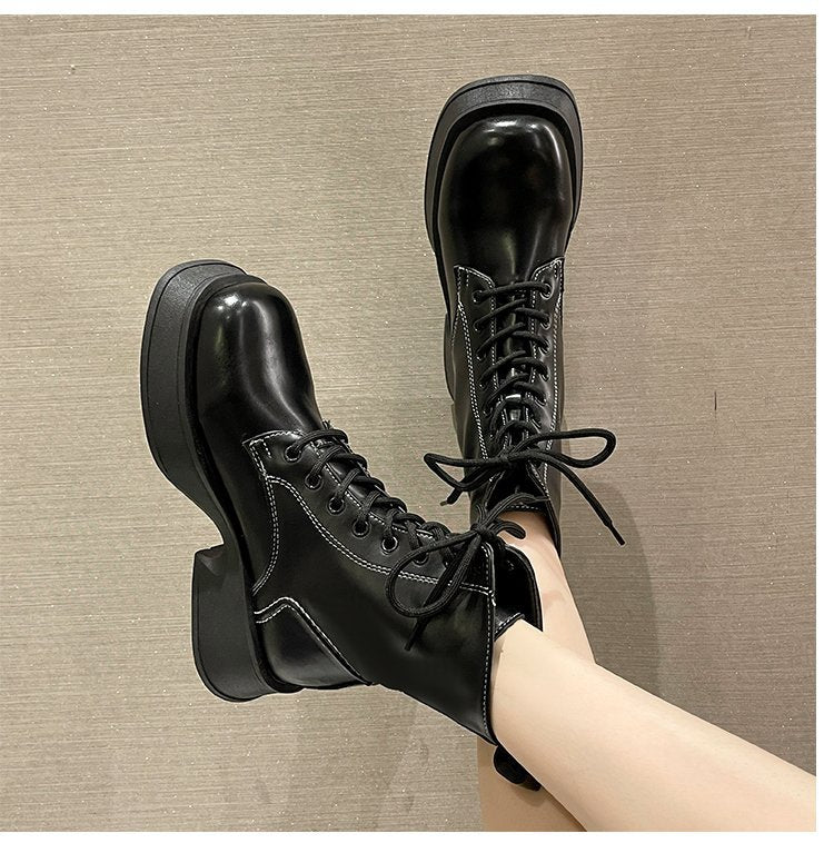 Damen Trendige Schnürstiefel mit modernem Blockabsatz und hohem Schnitt Fudus