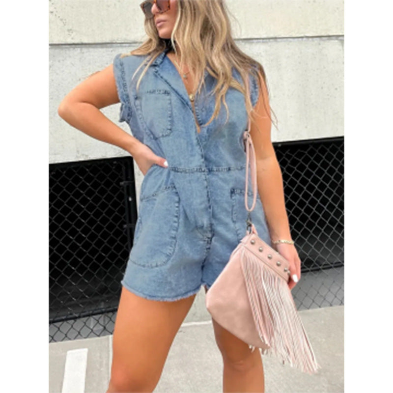 Damen trendiger Jeans-Overall mit Taschen und Kurzarm Fudus