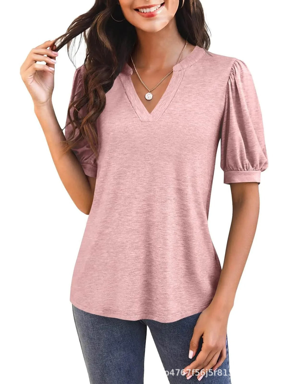 Damen T-Shirt mit V-Ausschnitt und Puffärmeln Fudus