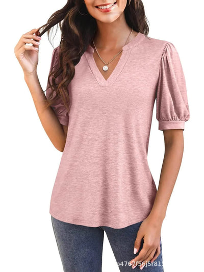 Damen T-Shirt mit V-Ausschnitt und Puffärmeln Fudus