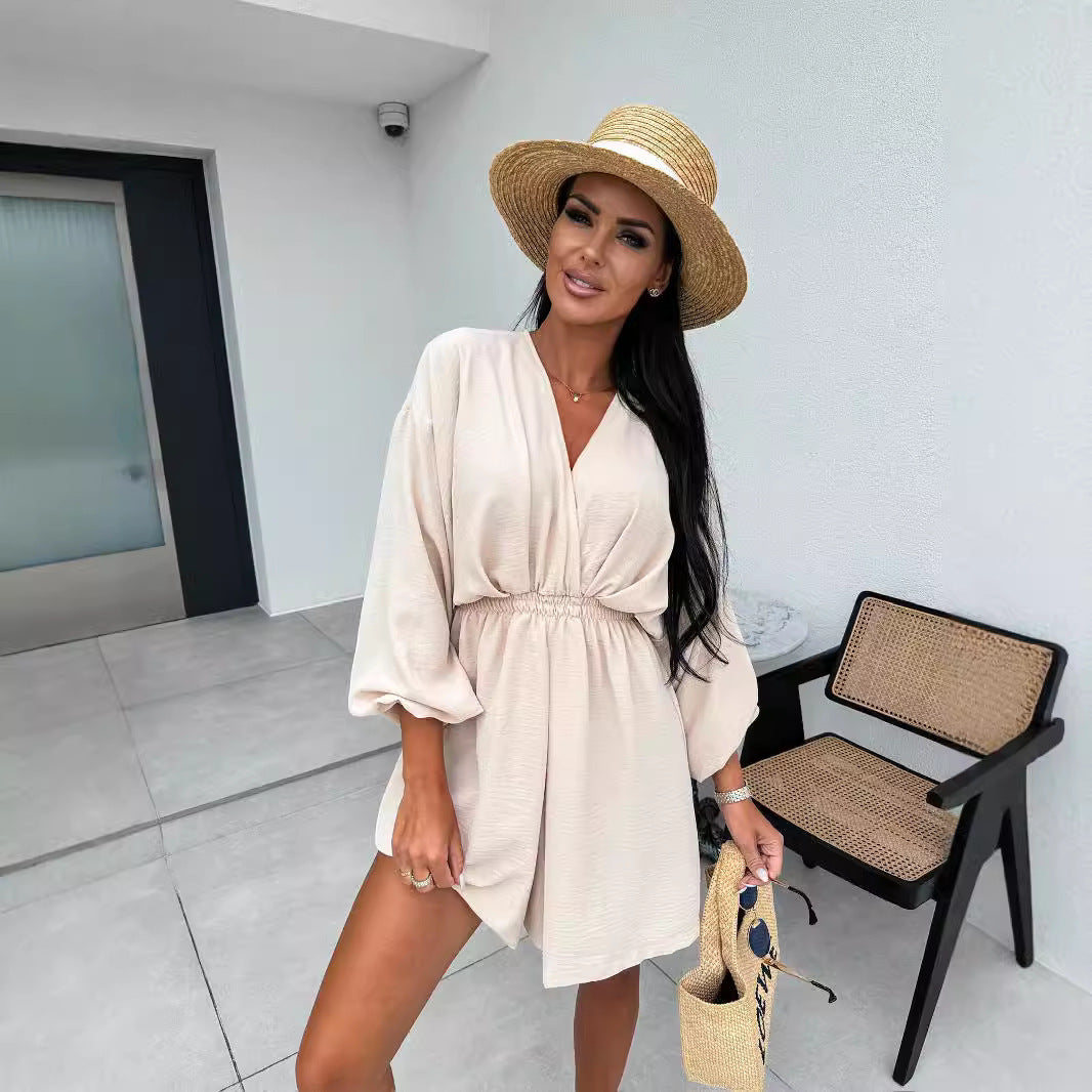 Damen lockeres Wickelkleid mit V-Ausschnitt und elastischem Bund Fudus