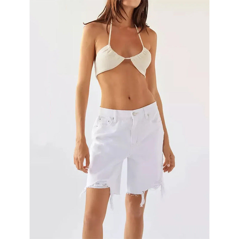 Damen Destroyed Jeans-Shorts mit fransigen Säumen und lockerer Passform Fudus