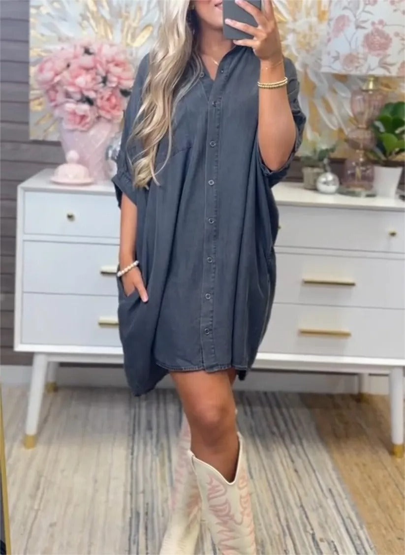 Damen Übergröße Denim-Shirtkleid mit praktischen Taschen und lässigem Schnitt Fudus