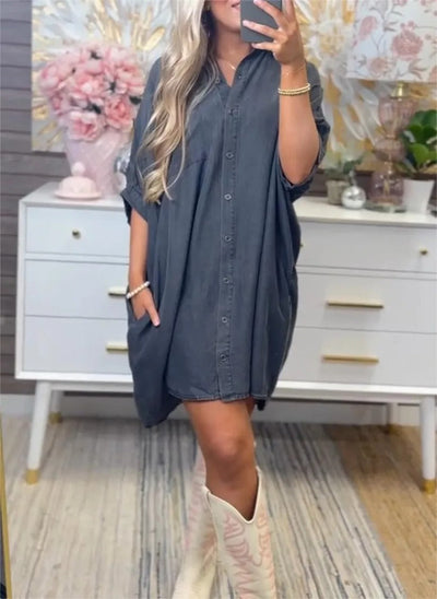 Damen Übergröße Denim-Shirtkleid mit praktischen Taschen und lässigem Schnitt Fudus