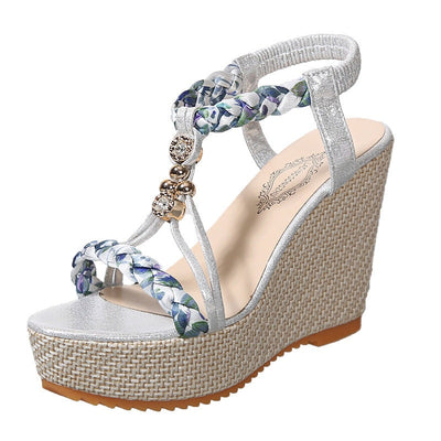 Damen Wedge-Sandalen mit geflochtenen Riemen und glamourösen Schmuckelementen Fudus